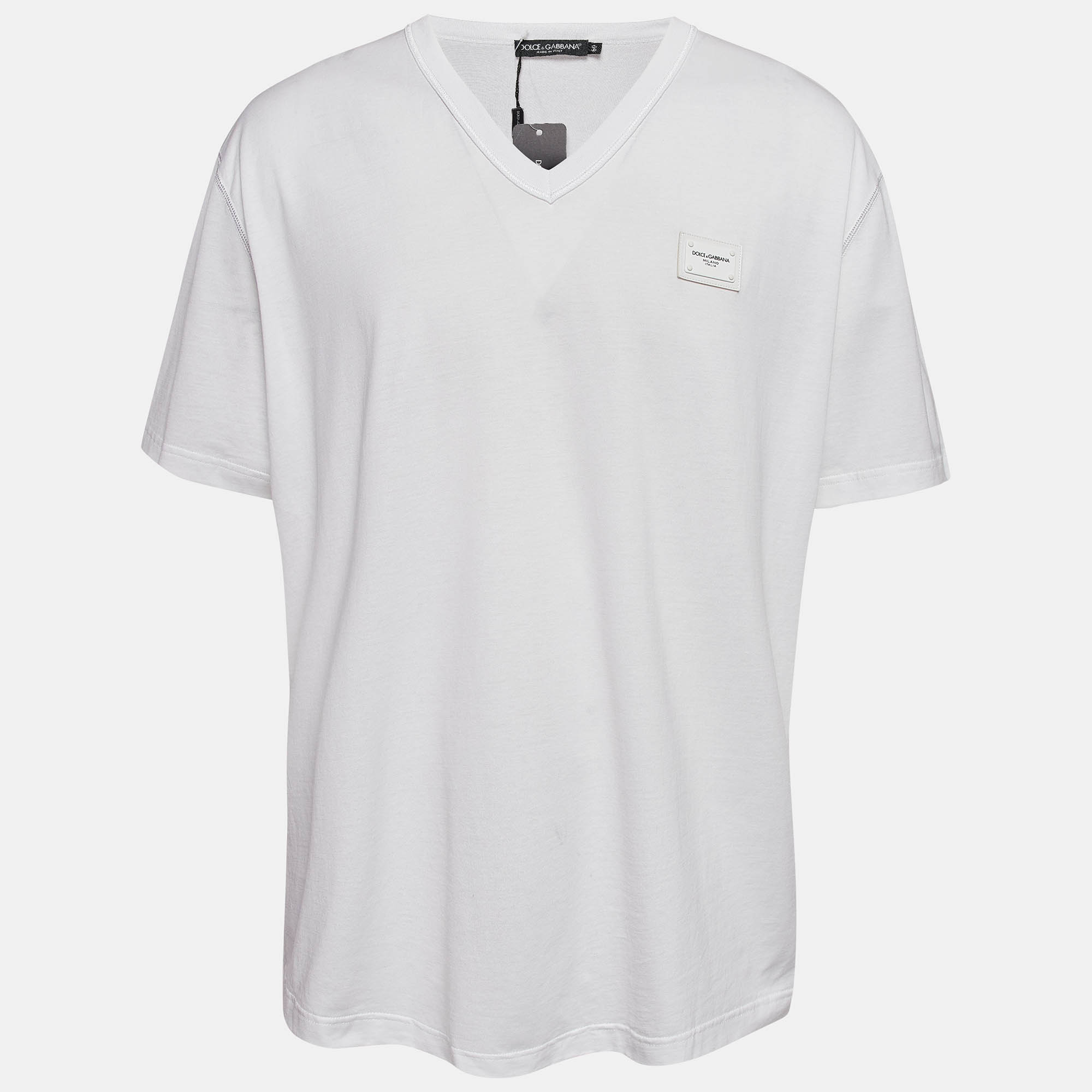 

Dolce & Gabbana White Logo Applique Jersey V-Neck T-Shirt 5XL