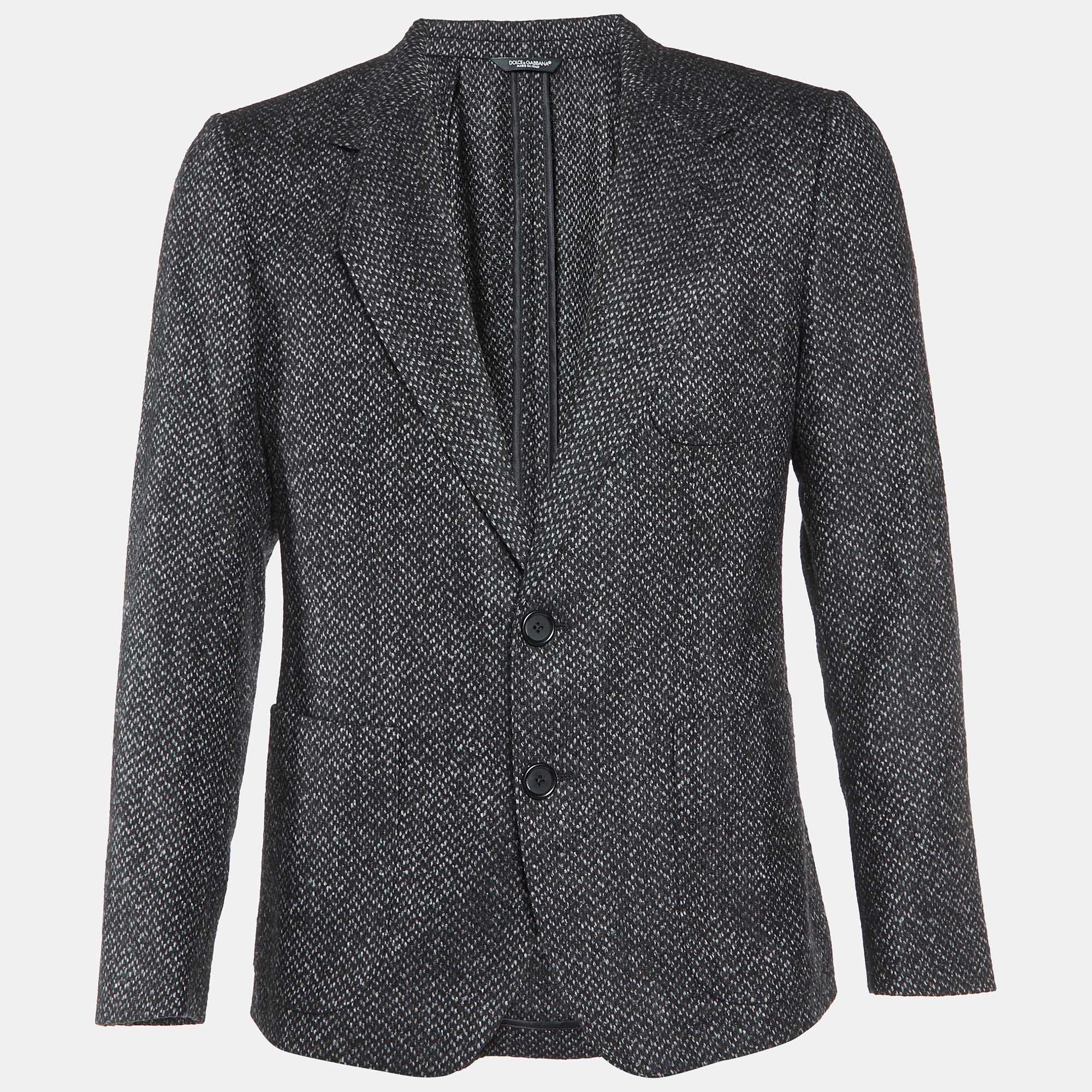 

Dolce & Gabbana Black Wool Tweed Single Breasted Blazer S