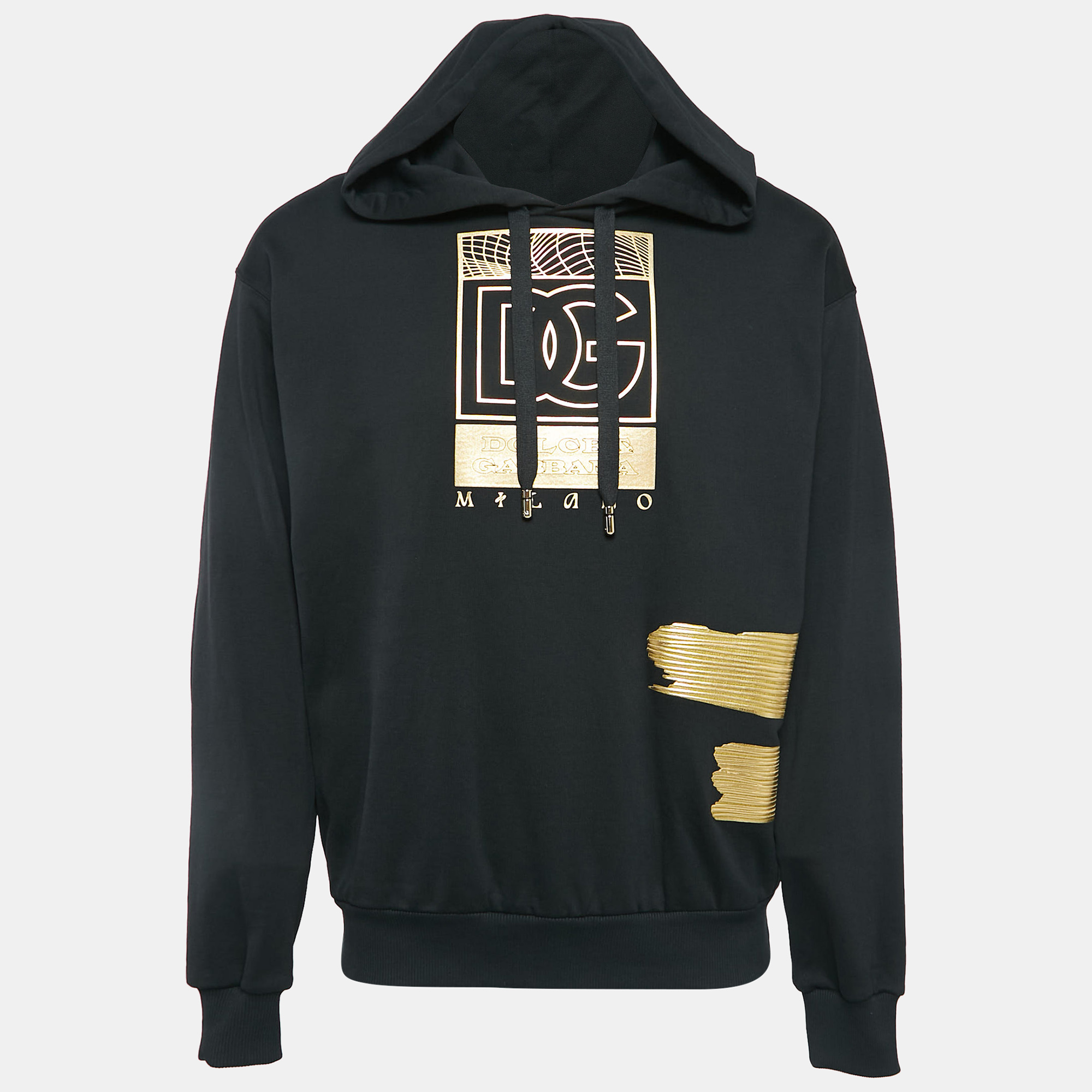 

Dolce & Gabbana Black/Gold Logo Print Cotton Knit Hoodie M