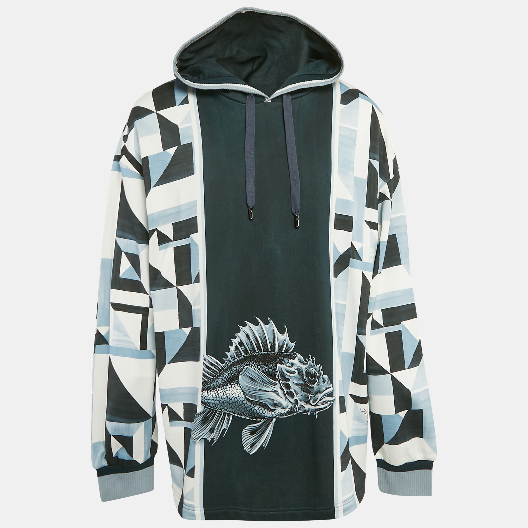 

Dolce & Gabbana Blue Geometric Print Cotton Panel Hoodie