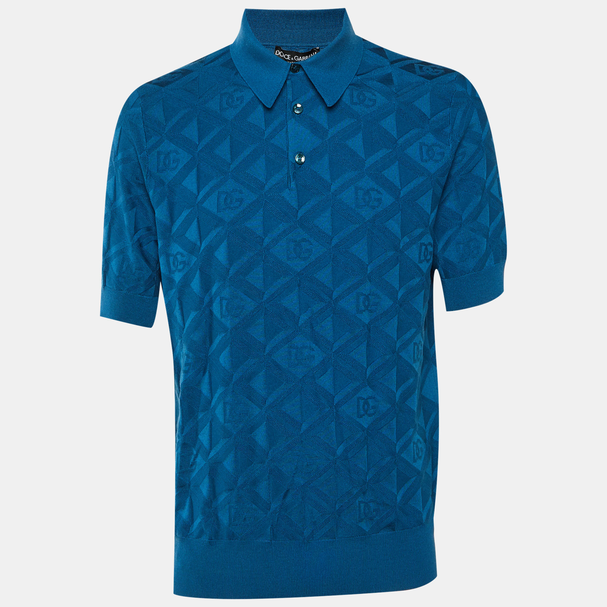 

Dolce & Gabbana Blue DG Geometric Pattern Silk Knit Polo T-Shirt M