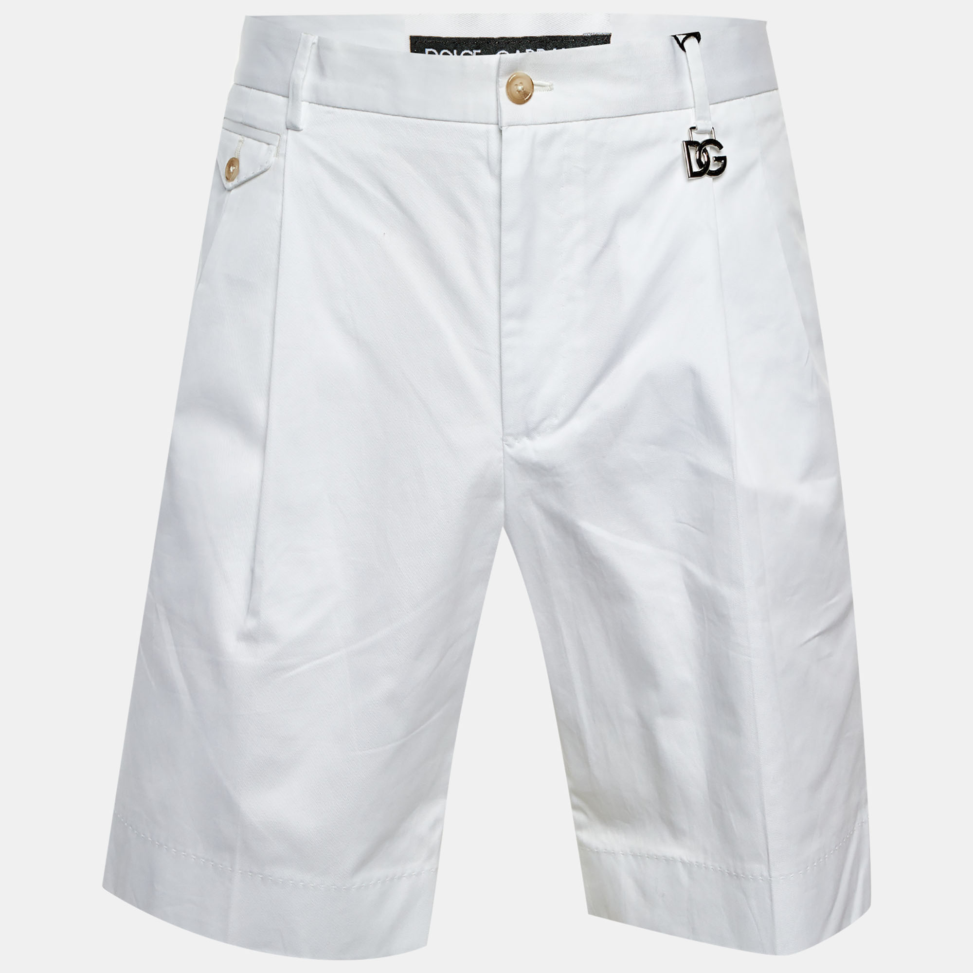 

Dolce & Gabbana White Cotton DG Charm Pleated Shorts M/Waist 35"