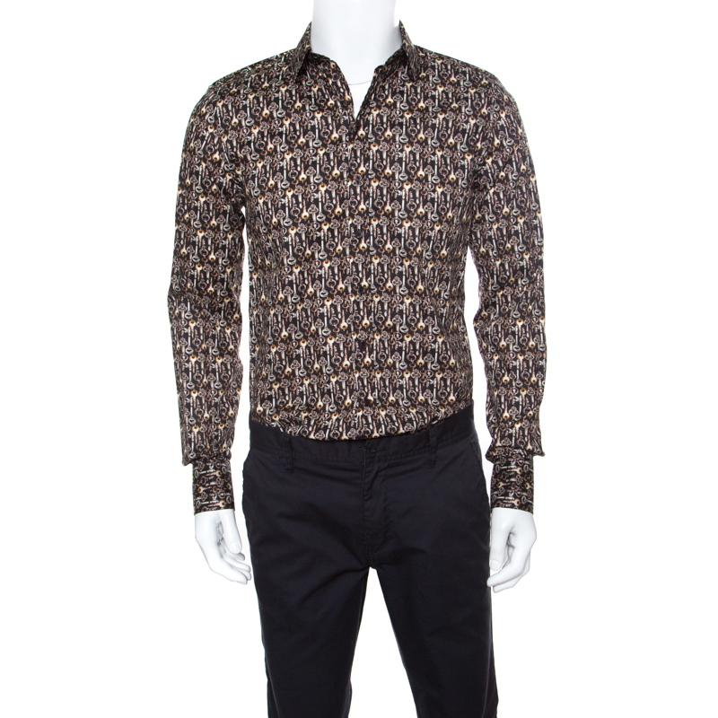 Dolce and Gabbana Sicilia Brown Key Printed Cotton Long Sleeve Button Front Shirt L