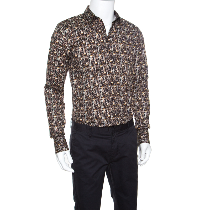 

Dolce and Gabbana Sicilia Brown Key Printed Cotton Long Sleeve Button Front Shirt