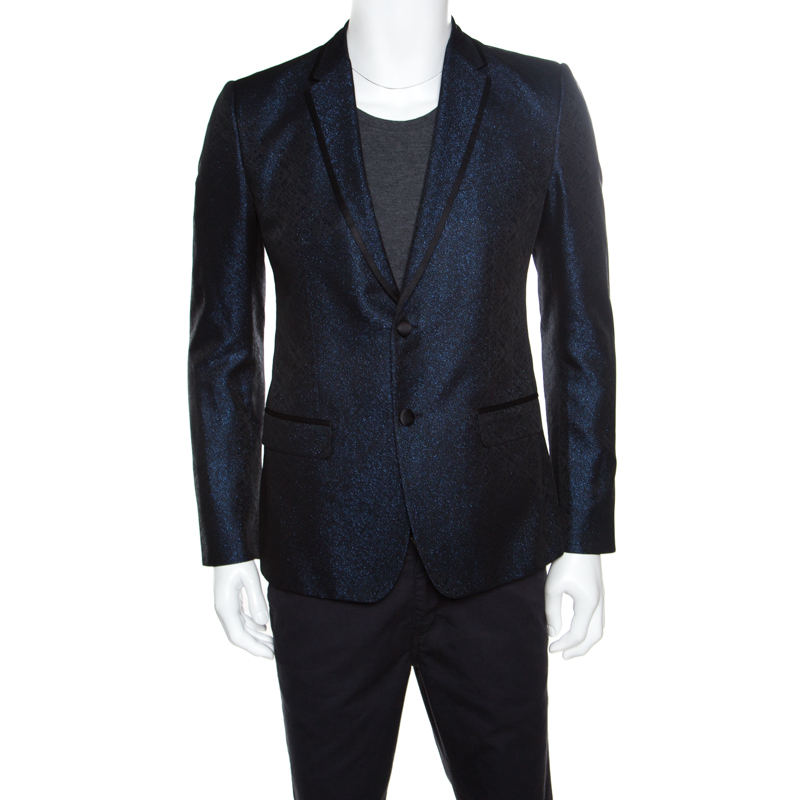 Dolce and Gabbana Navy Blue Metallic Jacquard Satin Trim Tuxedo Blazer M