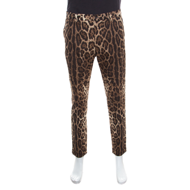 Dolce and Gabbana Brown Leopard Printed Stretch Cotton Tapered Trousers L