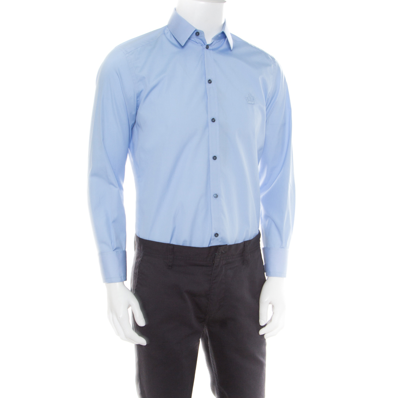 

Dolce and Gabbana Gold Blue Crown Logo Embroidered Button Down Shirt