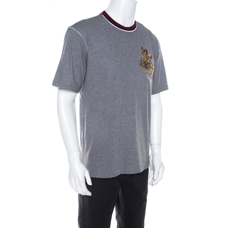 

Dolce & Gabbana Grey Cotton Jersey Crown Embroidered T-shirt