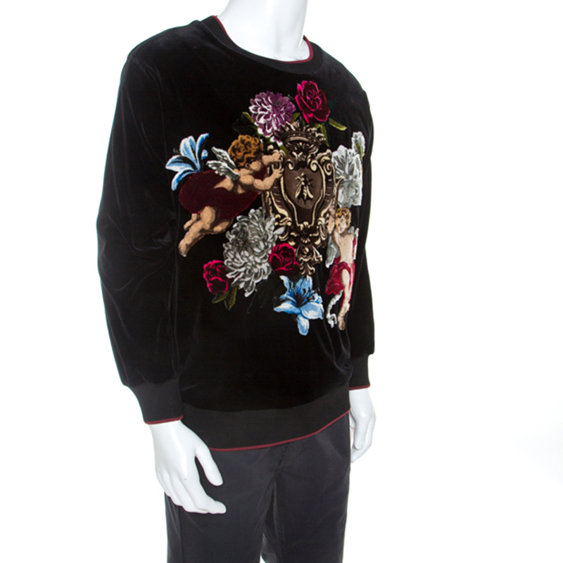 

Dolce & Gabbana Black Cupid Floral Pattern Velvet Sweatshirt