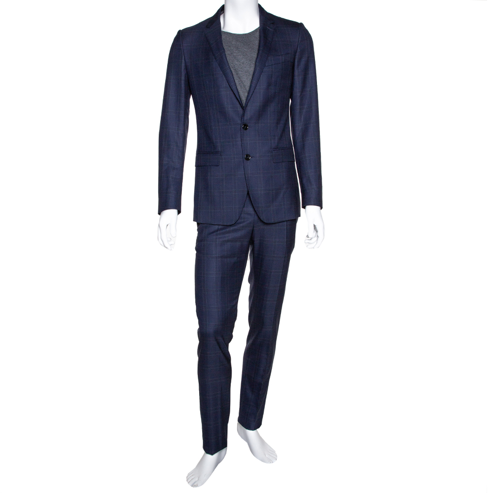 مملوكة مسبقًا Dolce & Gabbana Blue Check Print Virgin Wool Single Breasted Suit IT 44