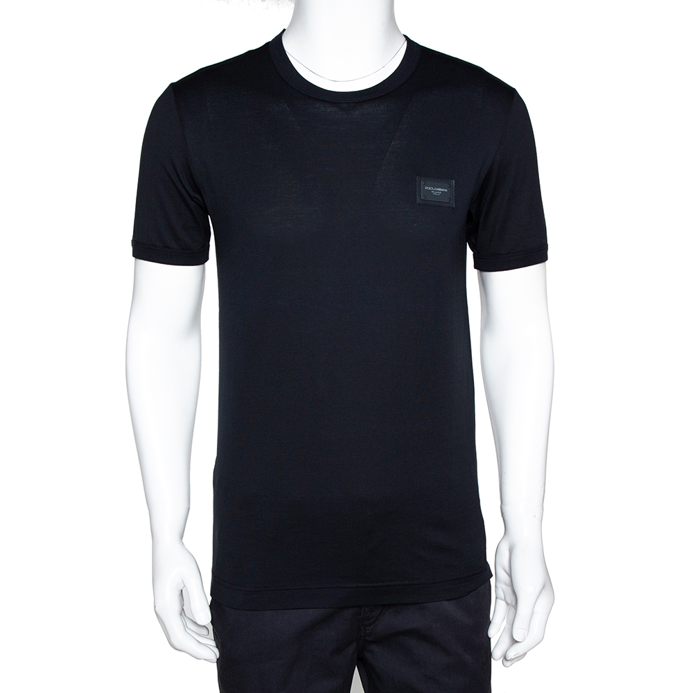 Pre Owned Dolce & Gabbana Dark Blue Cotton Logo Plaque Crew Neck T Shirt IT 48