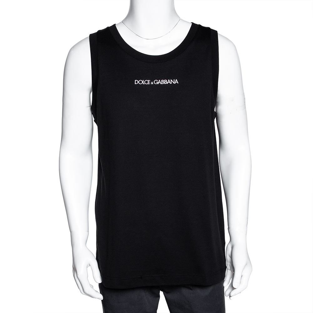 Pre Owned Dolce & Gabbana Black Cotton Logo Sleeveless T Shirt IT 48