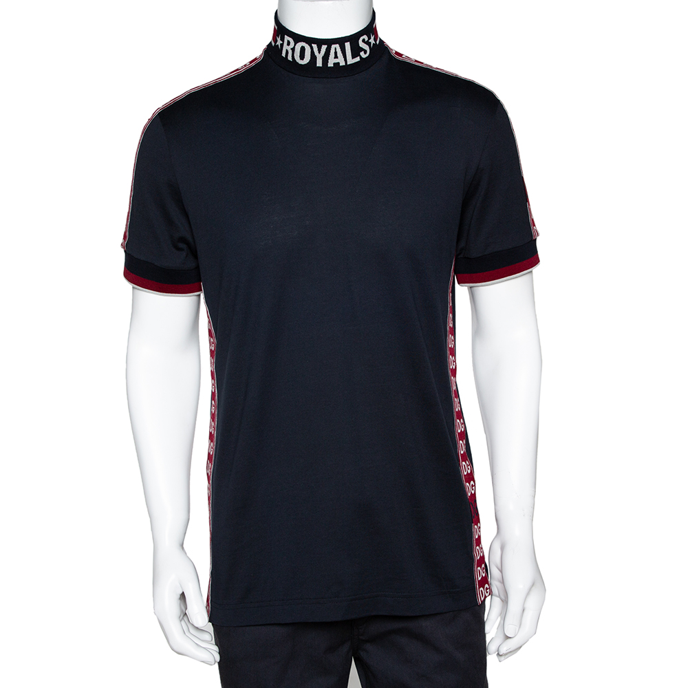 Pre Owned Dolce & Gabbana Dark Blue Cotton Logo Bands Mock Neck T Shirt IT 44