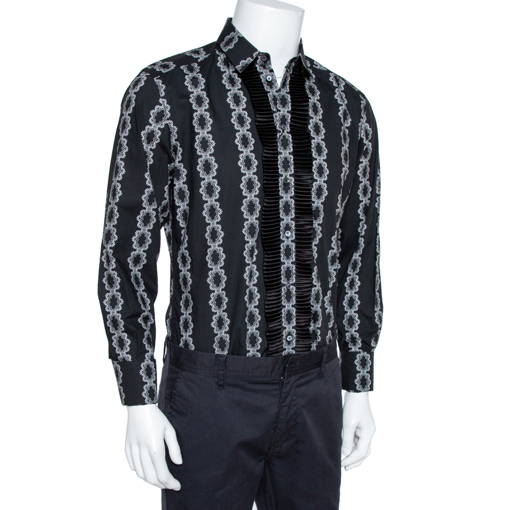 

Dolce & Gabbana Black Floral Motif Cotton Silk Pleat Detail Shirt L