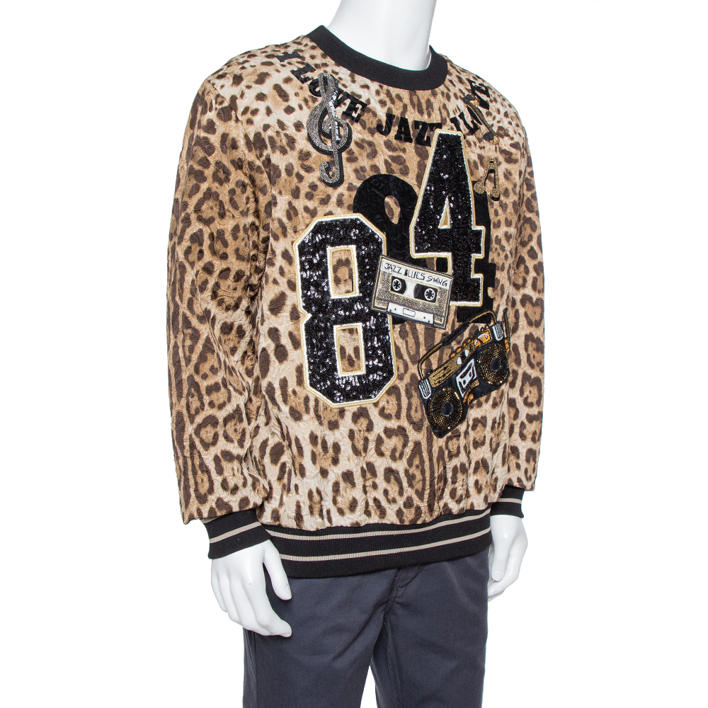 

Dolce & Gabbana Brown Leopard Print Jacquard Musical Patch Sweatshirt