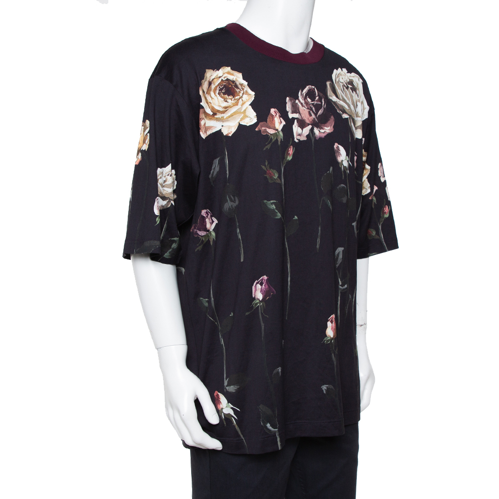 

Dolce & Gabbana Navy Blue Floral Printed Cotton Crewneck T-Shirt