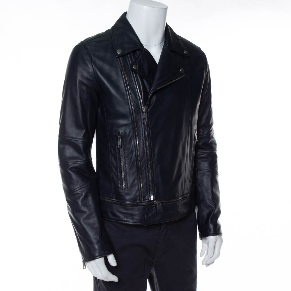 

Dolce & Gabbana Navy Blue Leather Quilted Lined Biker Jacket