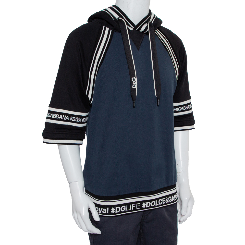 

Dolce & Gabbana Navy Blue & Black Cotton Logo Band Detail Hoodie