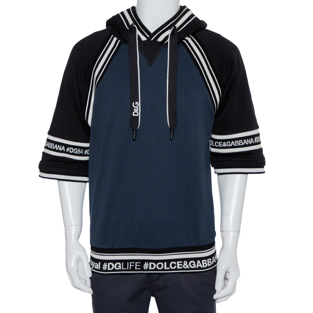 Pre-owned Dolce & Gabbana Navy Blue & Black Cotton Logo Band Detail Hoodie L