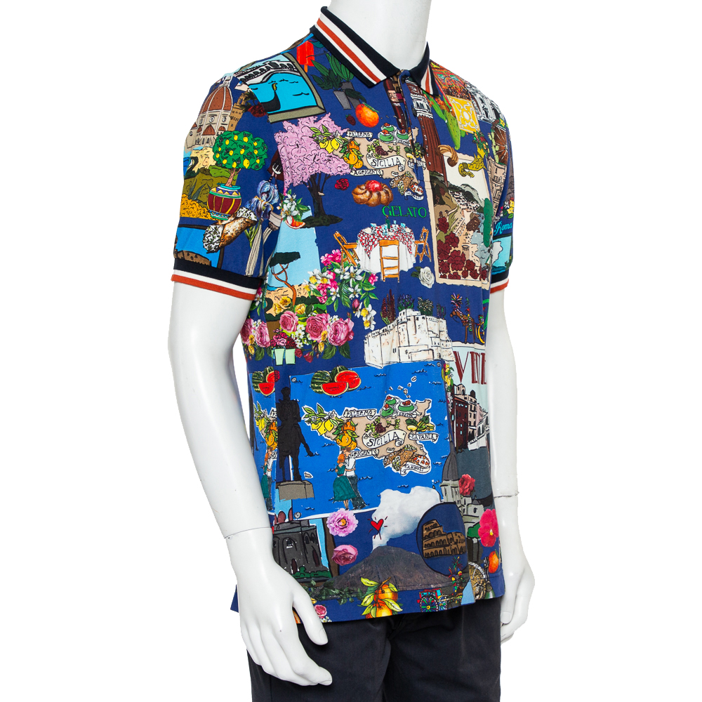 

Dolce & Gabbana Multicolor Italy Tour Printed Cotton Pique Polo T-Shirt