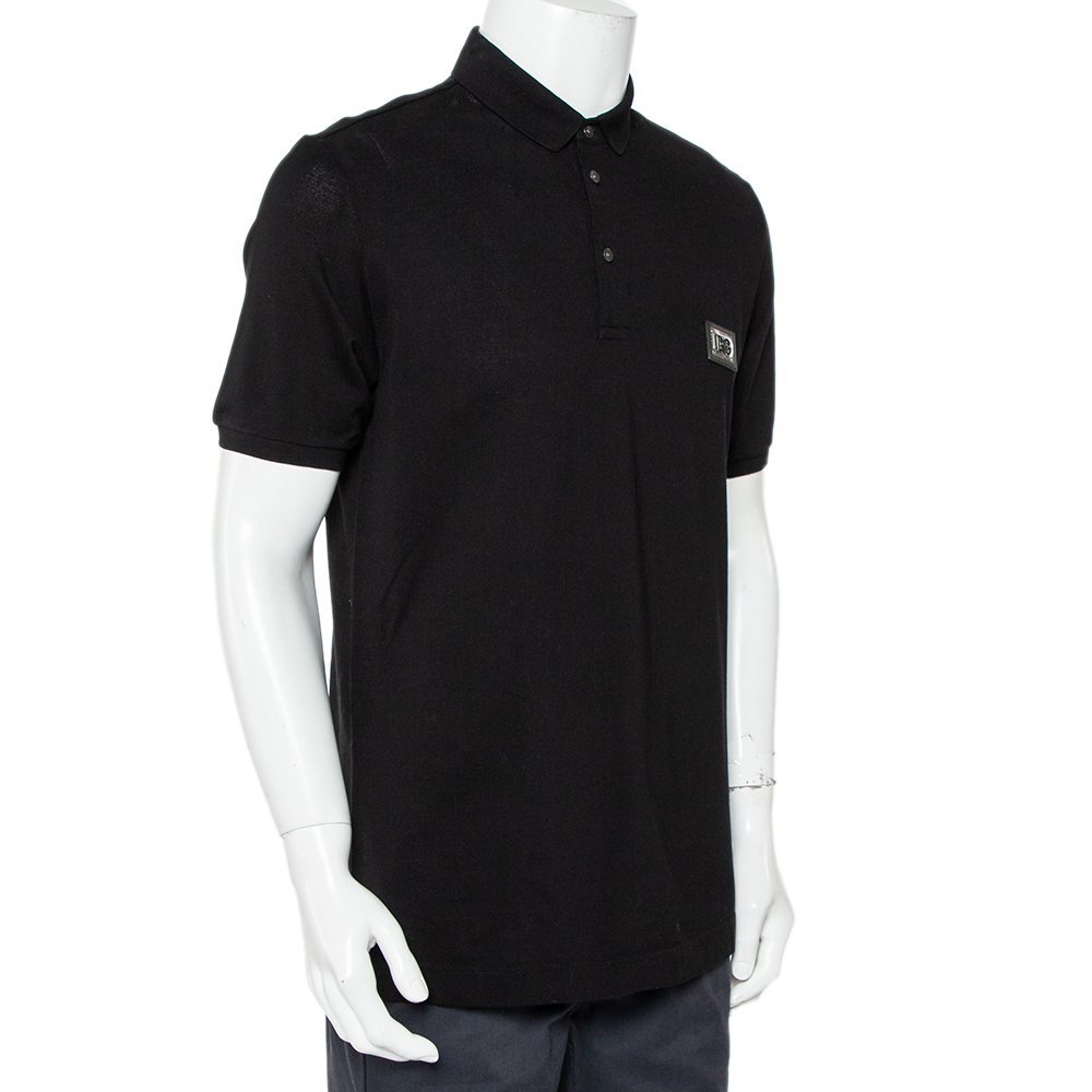 

Dolce & Gabbana Black Cotton Pique Logo Patch Detail Polo T-Shirt