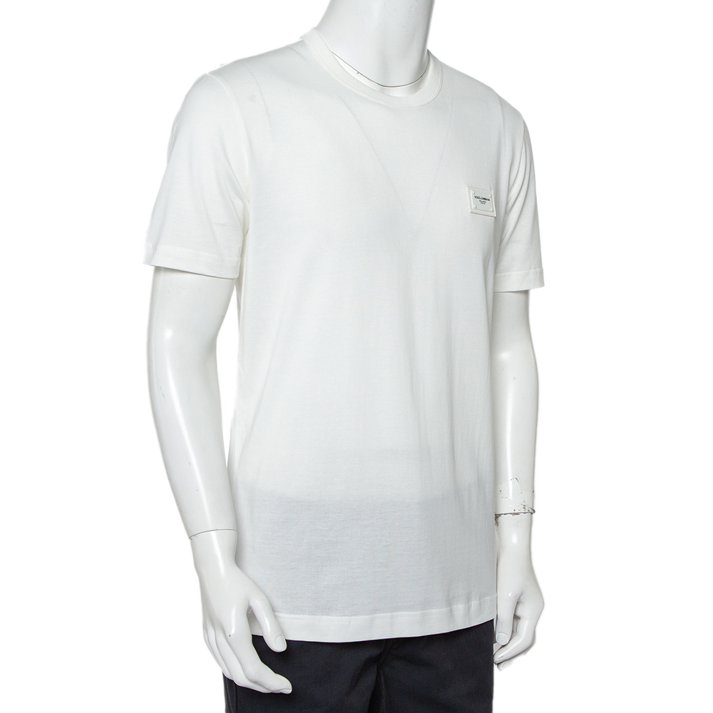 

Dolce & Gabbana White Cotton Logo Patch Detail Crewneck T-Shirt