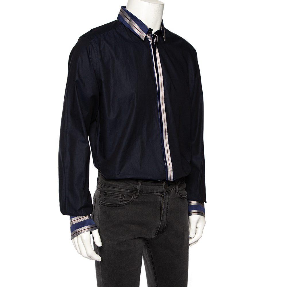 

Dolce & Gabbana Navy Blue Cotton Stripe Silk Collared Gold Label Shirt