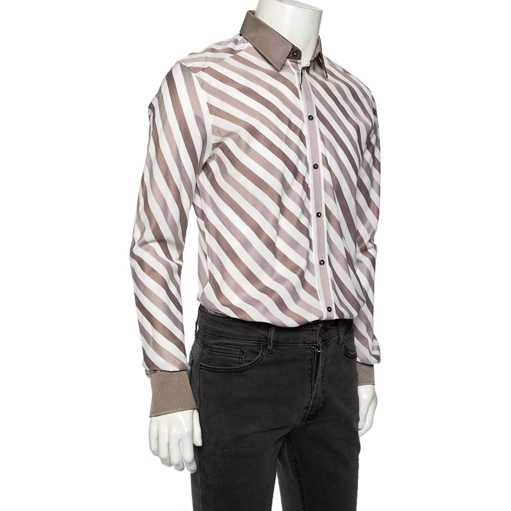 

Dolce & Gabbana Brown Diagonal Striped Cotton Contrast Silk Collared Shirt, White