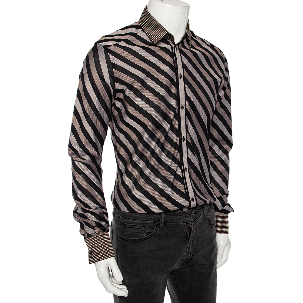 

Dolce & Gabbana Brown Diagonal Striped Cotton Contrast Silk Collared Shirt, Black