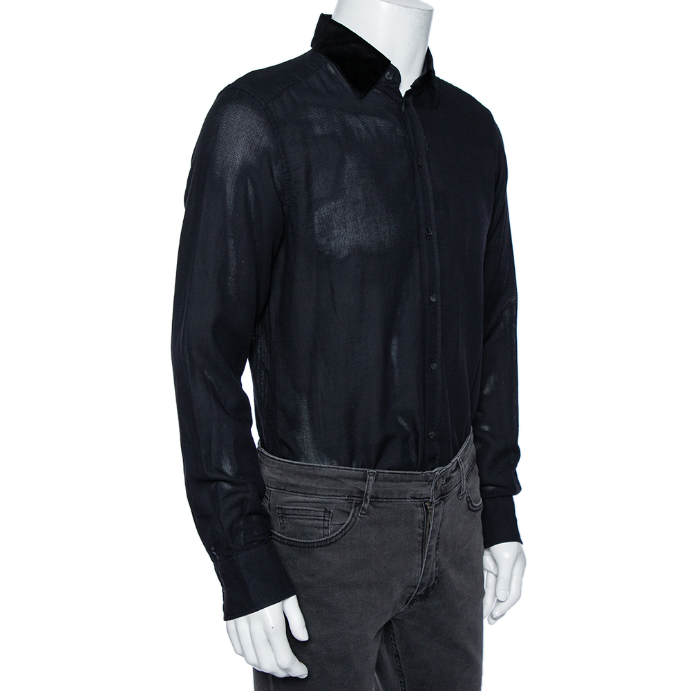 

Dolce & Gabbana Black Cotton Mesh Velvet Collar Detail Gold Label Shirt