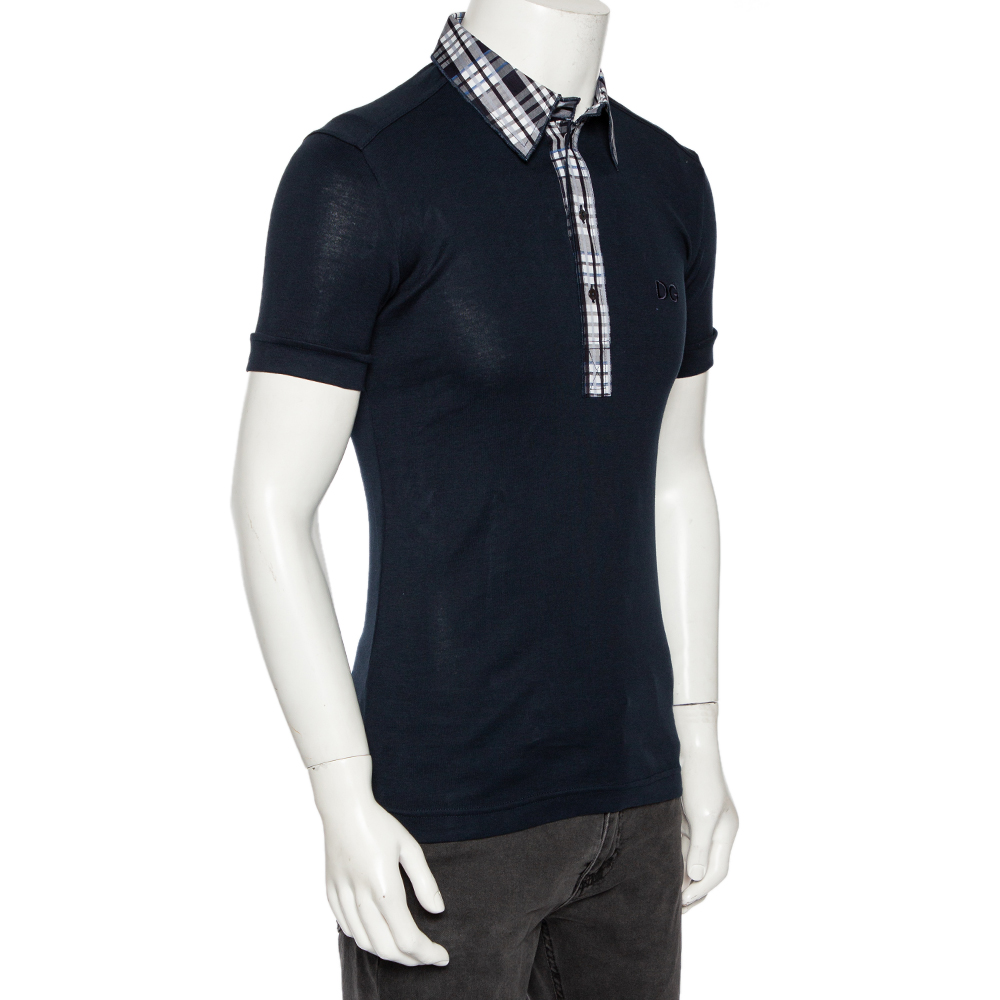 

Dolce & Gabbana Navy Blue Cotton Plaid Trim Detail Polo T-Shirt  (IT 48