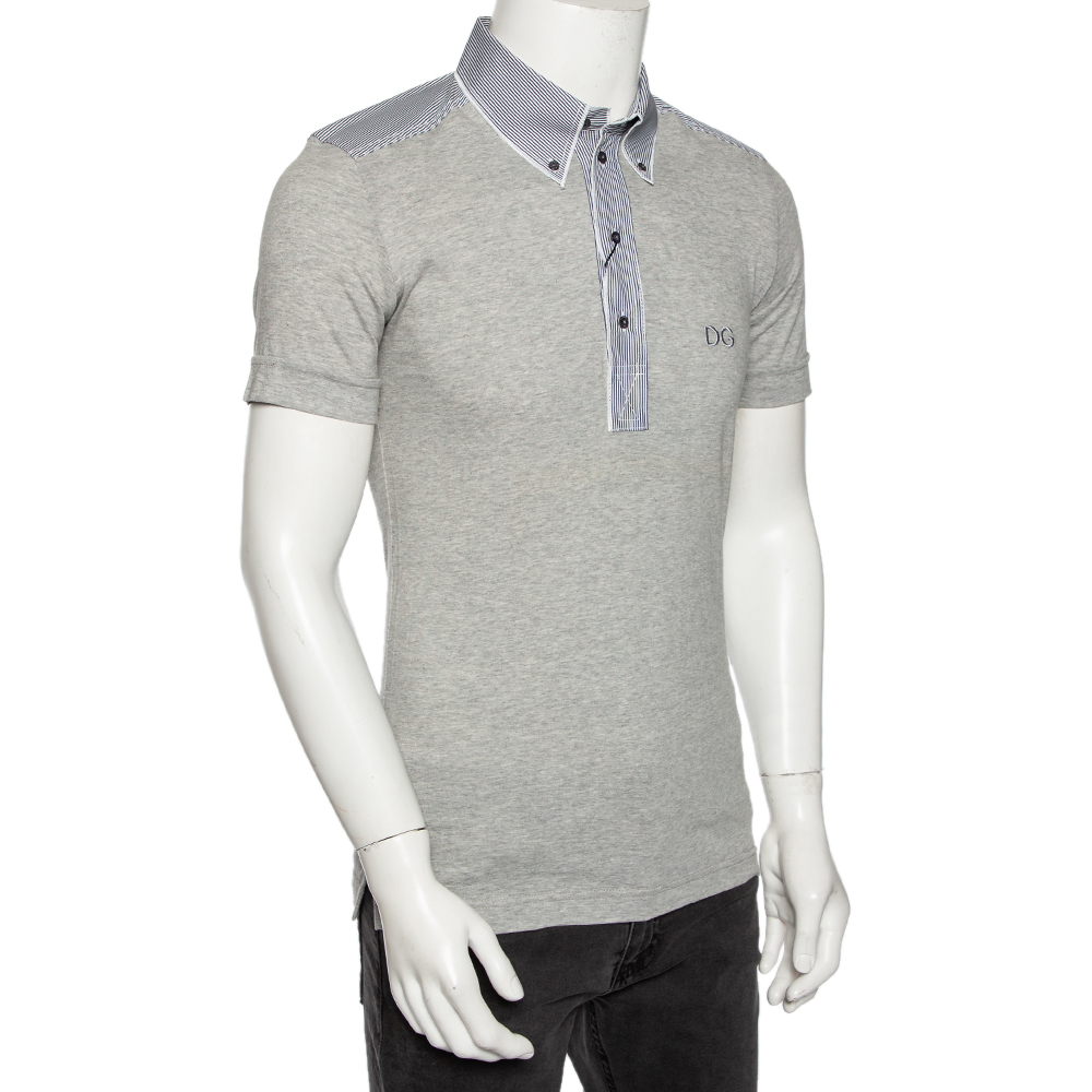 

Dolce & Gabbana Grey Jersey Contrast Trim Button Down T-Shirt