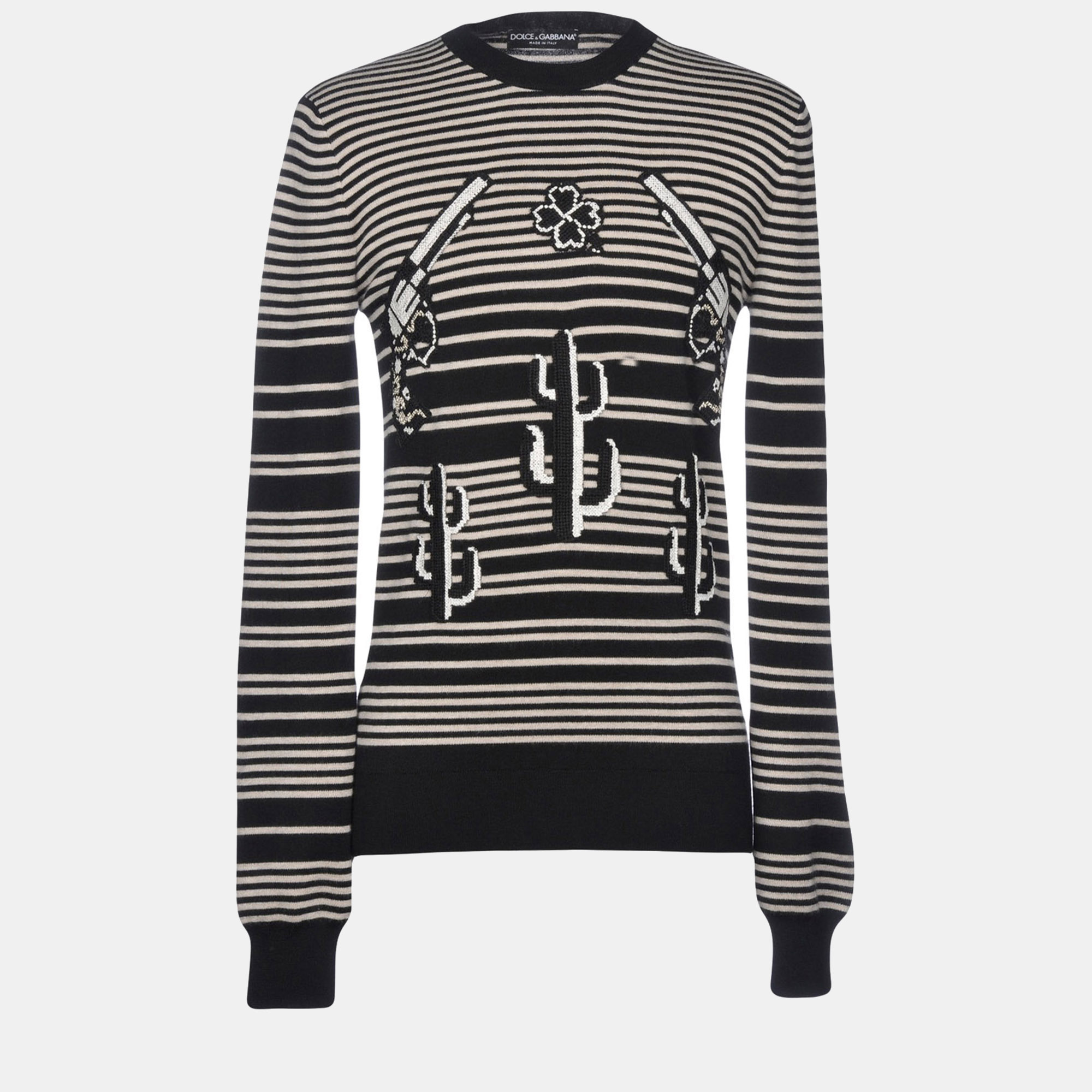 Pre-owned Dolce & Gabbana Black Striped Cashmere Embroidered Jumper M (it 48)