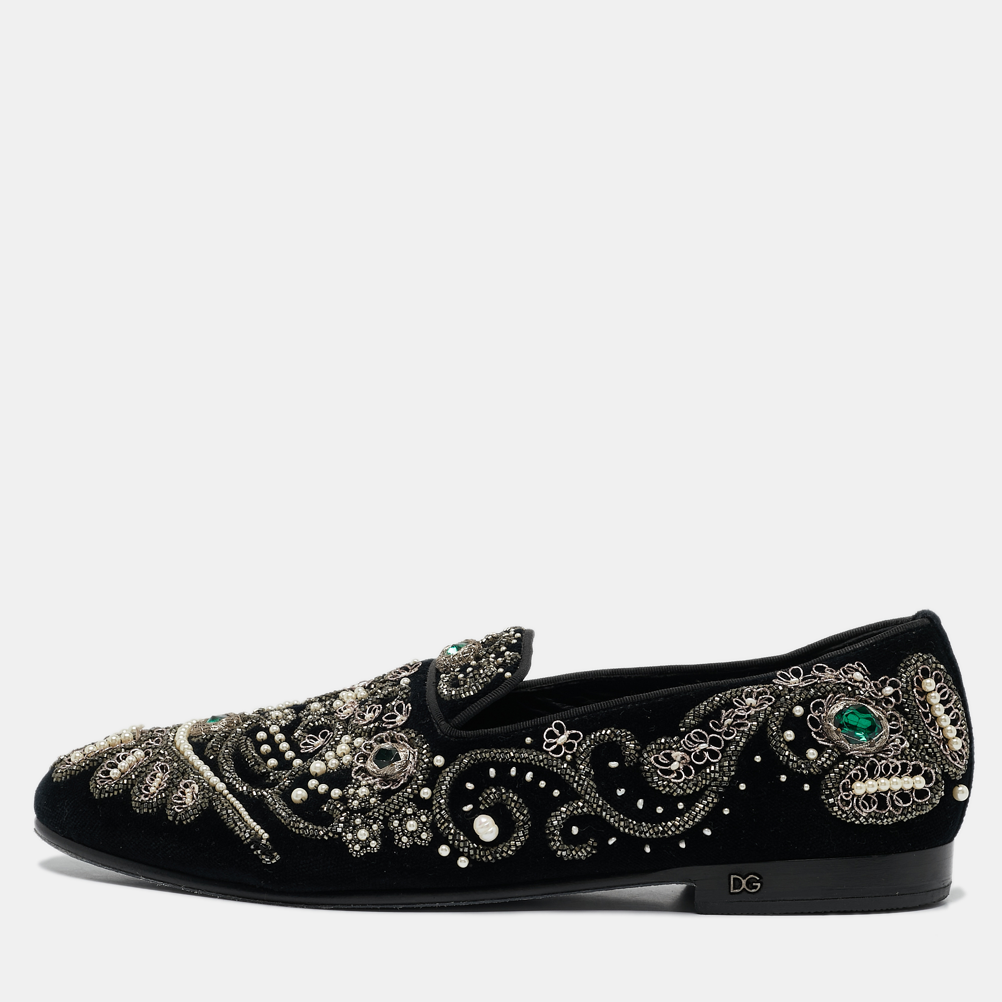 

Dolce & Gabbana Black Velvet Embroidered and Embellished Smoking Slippers Size 42