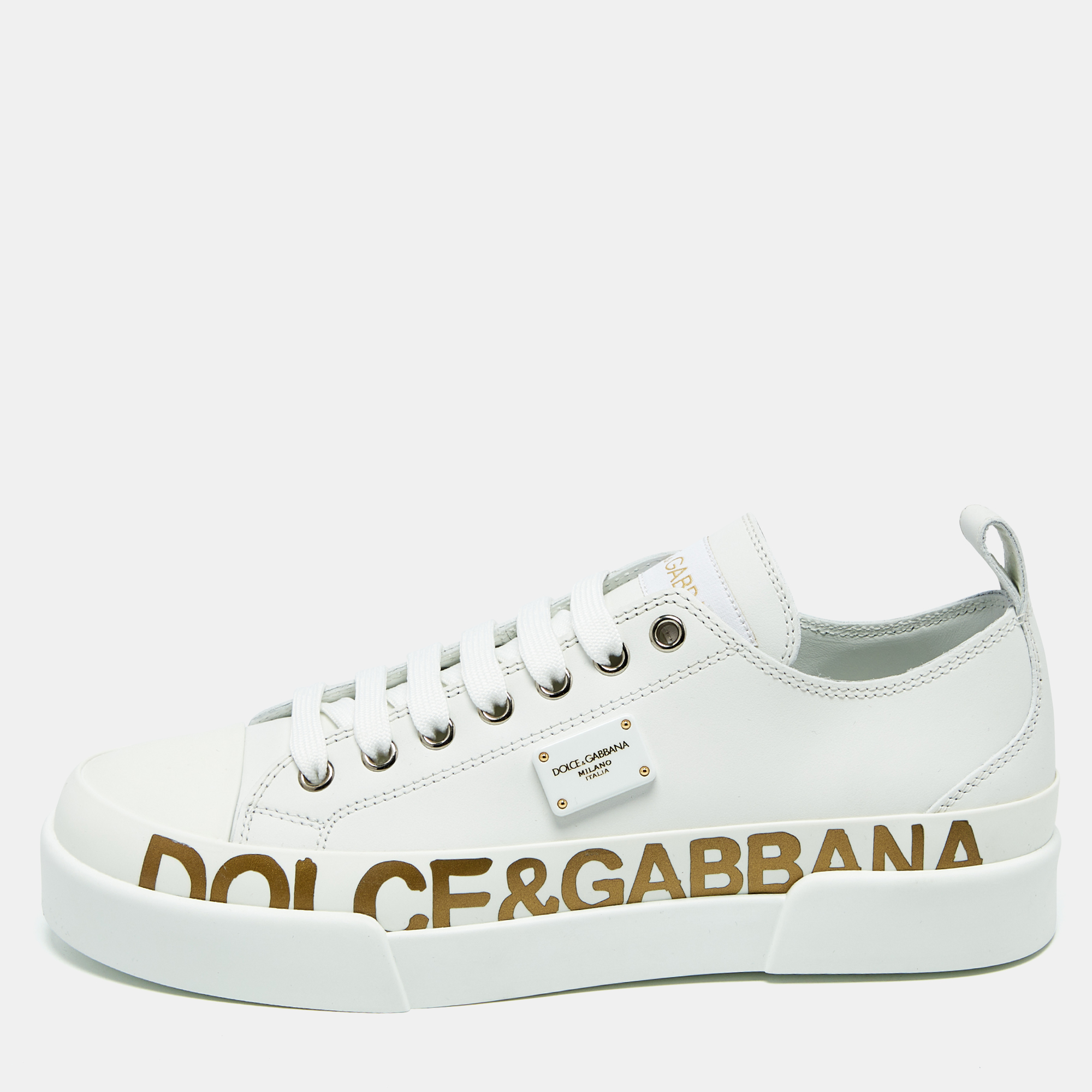 

Dolce & Gabbana White/Gold Leather Portofino Low Top Sneakers Size