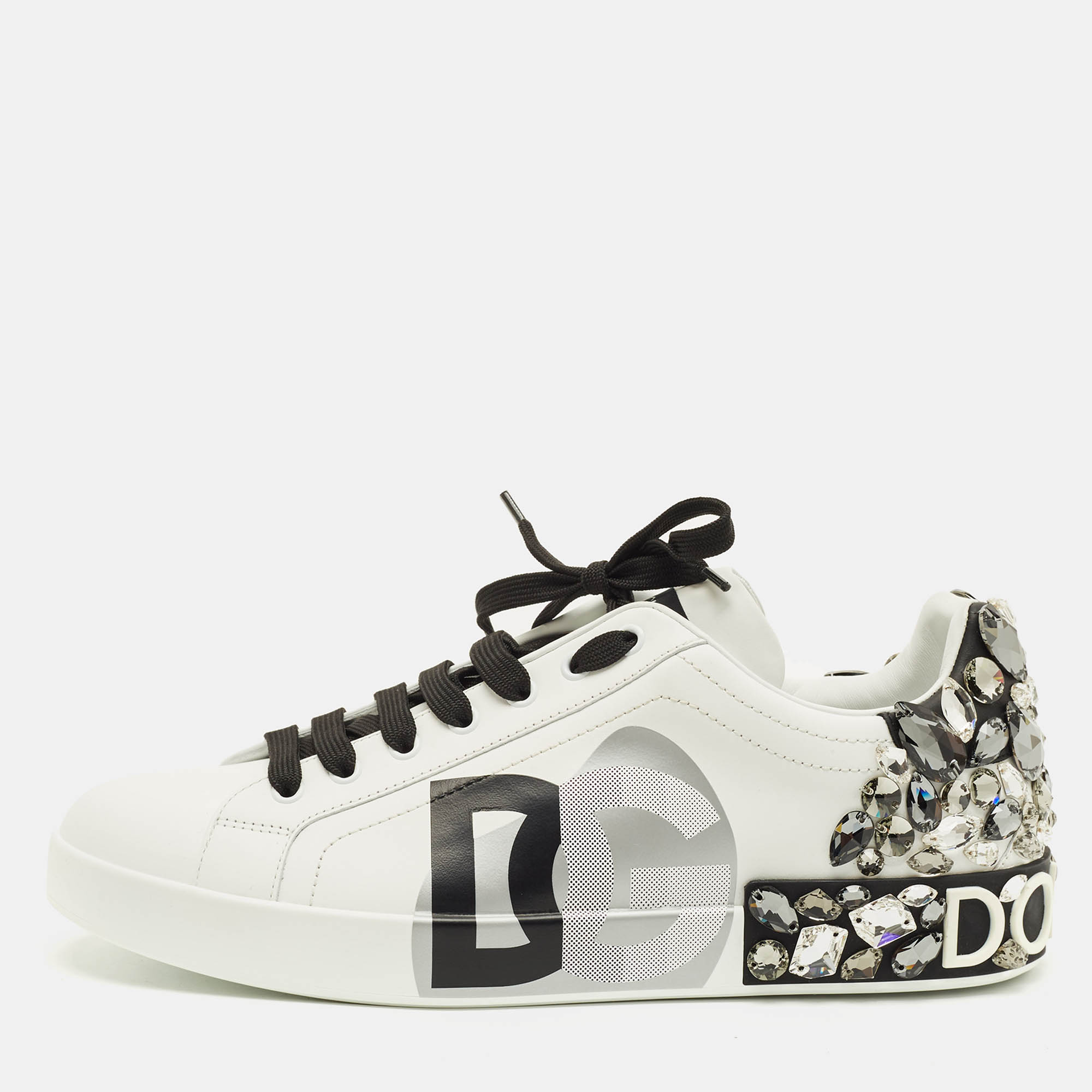 

Dolce & Gabbana Portofino Size 44 White/Black Leather Crystal Embellished Lace Up Sneakers