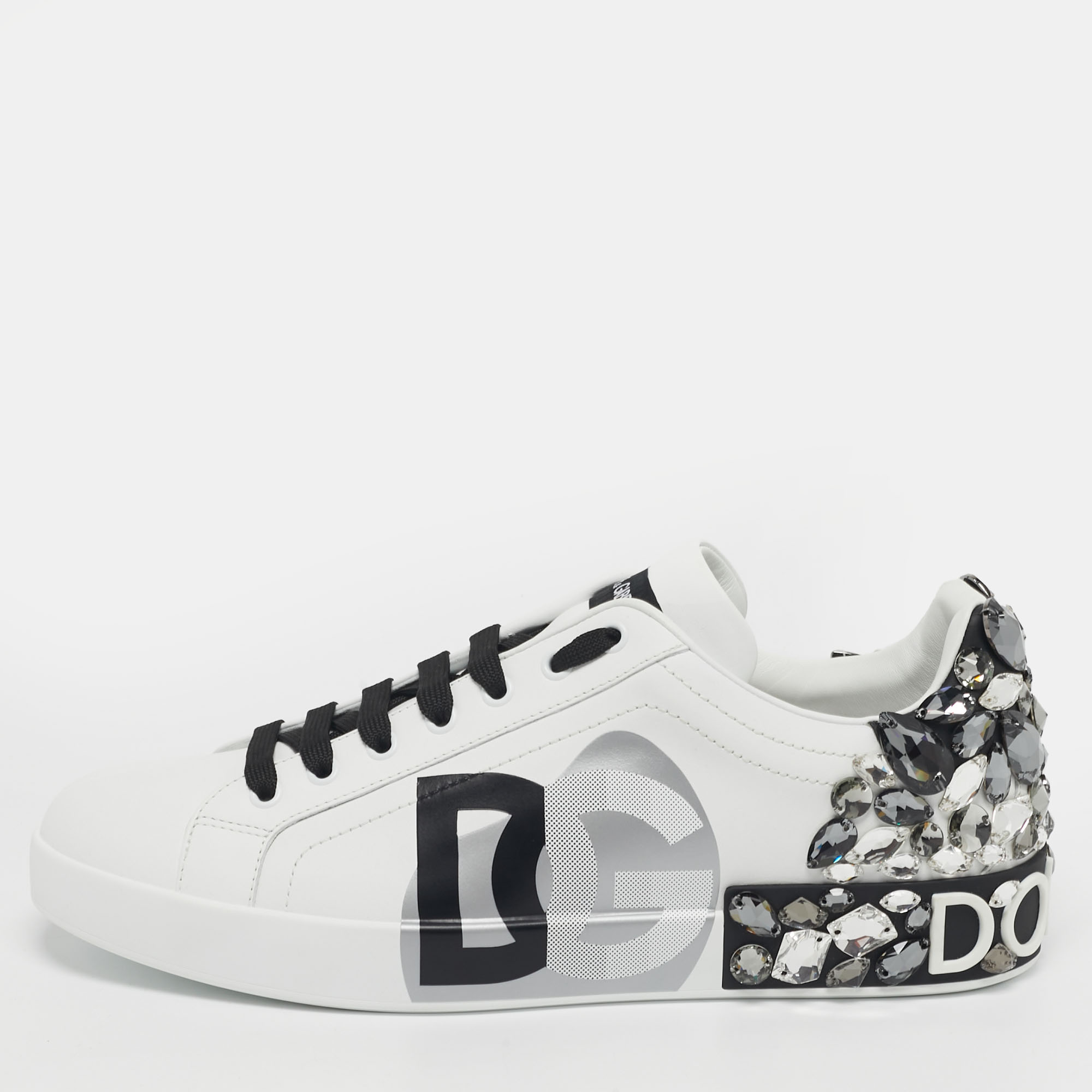 

Dolce & Gabbana Portofino Size 43 White/Black Leather Crystal Embellished Lace Up Sneakers