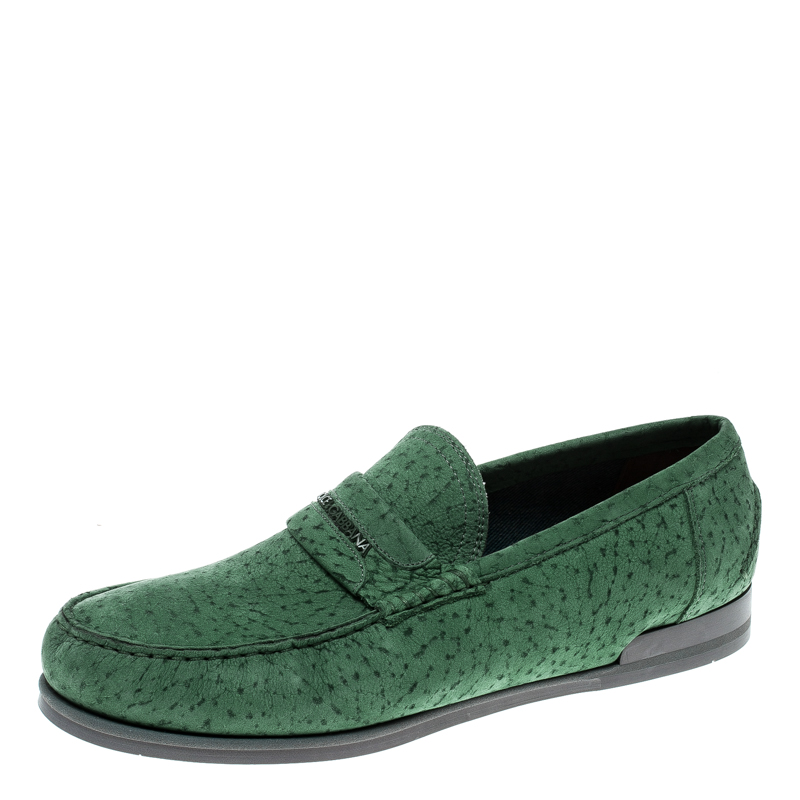 Pre Owned Dolce and Gabbana Green Textured Suede Genova Loafers Size 42.5