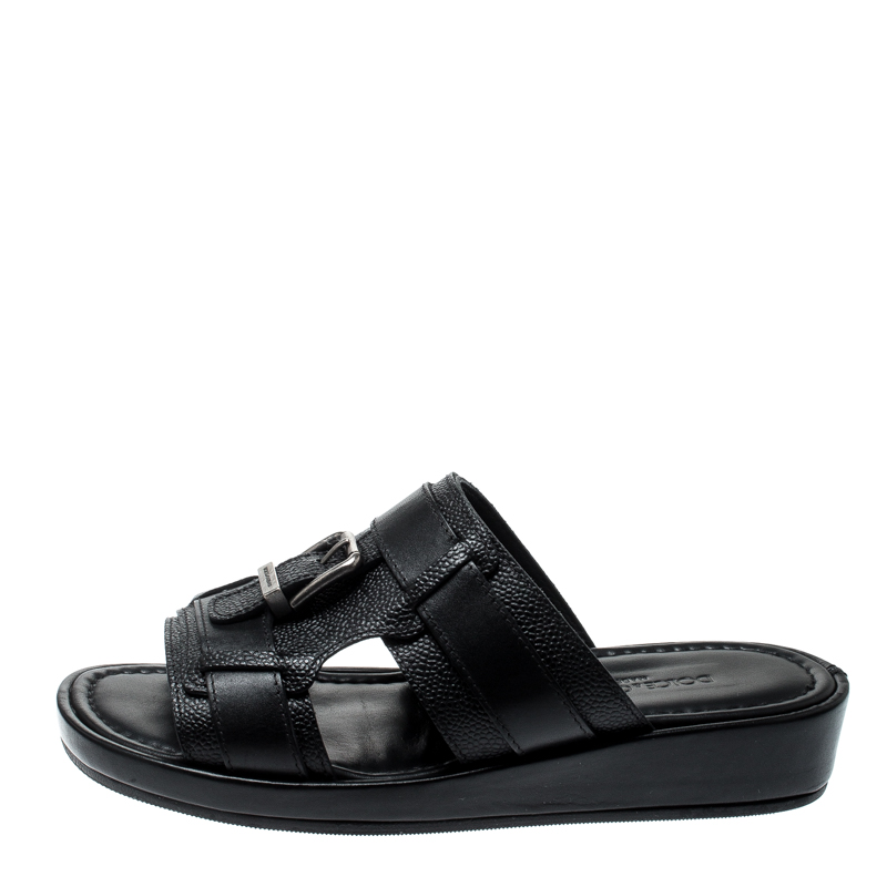 

Dolce and Gabbana Black Leather Buckle Platform Slide Sandals Size