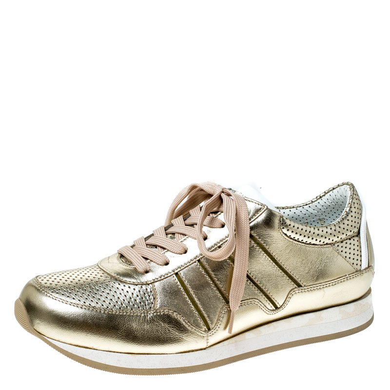 Dolce & Gabbana Metallic Gold Leather Lace Up Sneakers Size 40