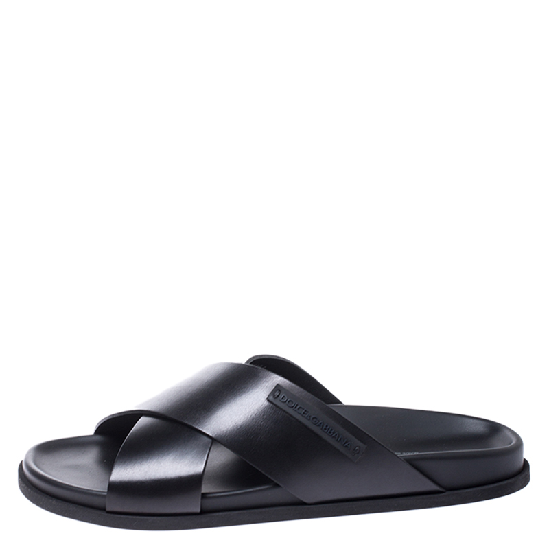 

Dolce & Gabbana Black Leather Cross Strap Flat Sandals Size