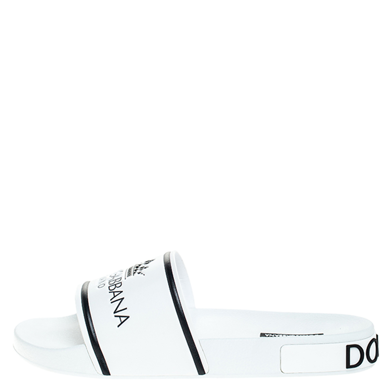 

Dolce and Gabbana White Leather Crown Logo Slip On Slides Size