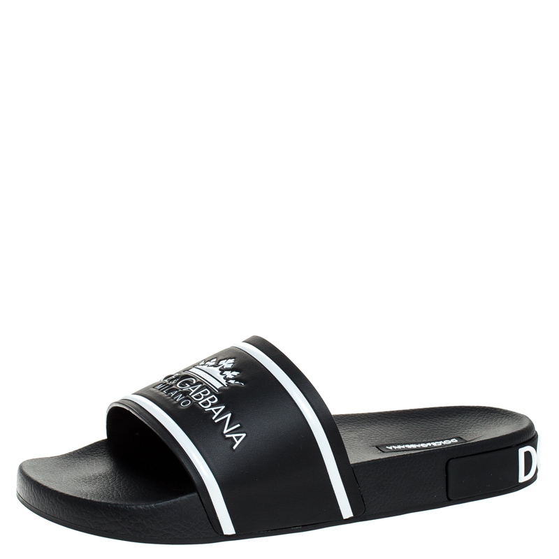 Dolce and Gabbana Black Leather Crown Logo Slip On Slides Size 41