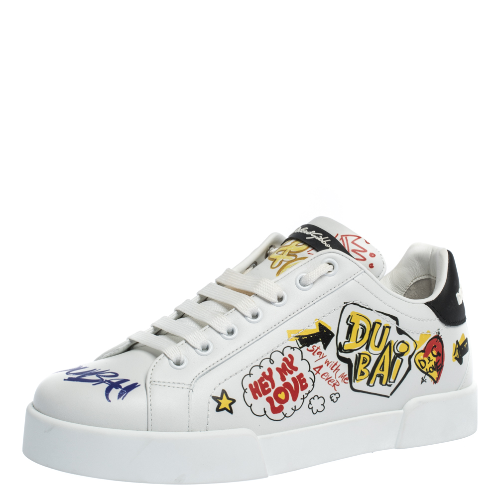 Pre Owned Dolce & Gabbana White Leather Dubai Graffiti Print Low-Top Sneakers Size 39