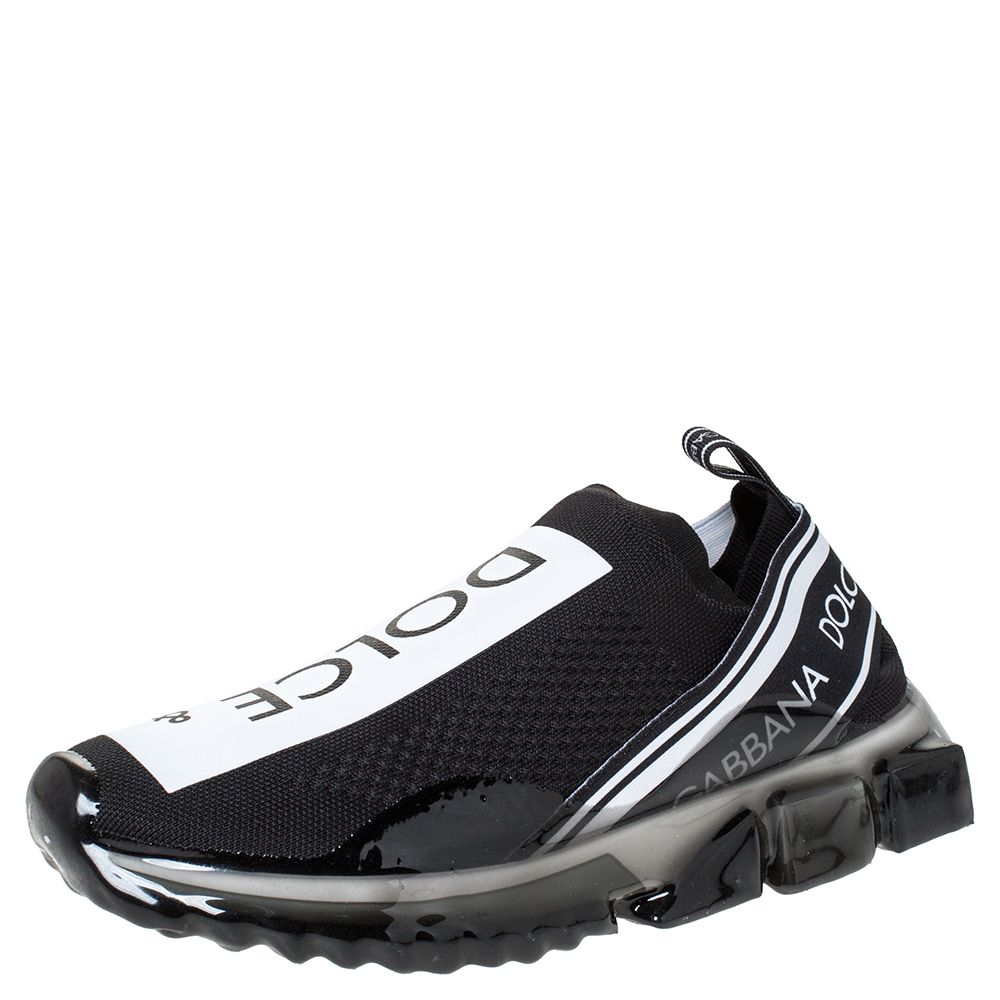 Pre Owned Dolce & Gabbana Black Stretch Jersey Logo Print Slip On Sneakers Size 41.5