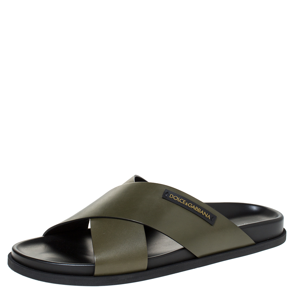 Dolce & Gabbana Green Leather Criss-Cross Slide Sandals Size 44