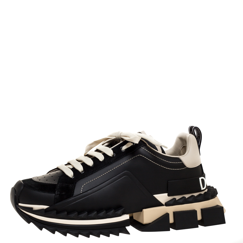 مملوكة مسبقًا Dolce & Gabbana Black Two-Tone Leather Super King Platform Low Top Sneakers Size 43