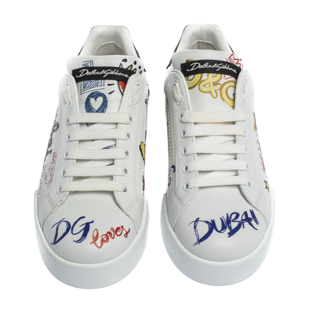 

Dolce & Gabbana White Leather Dubai Graffiti Print Low-Top Sneakers Size