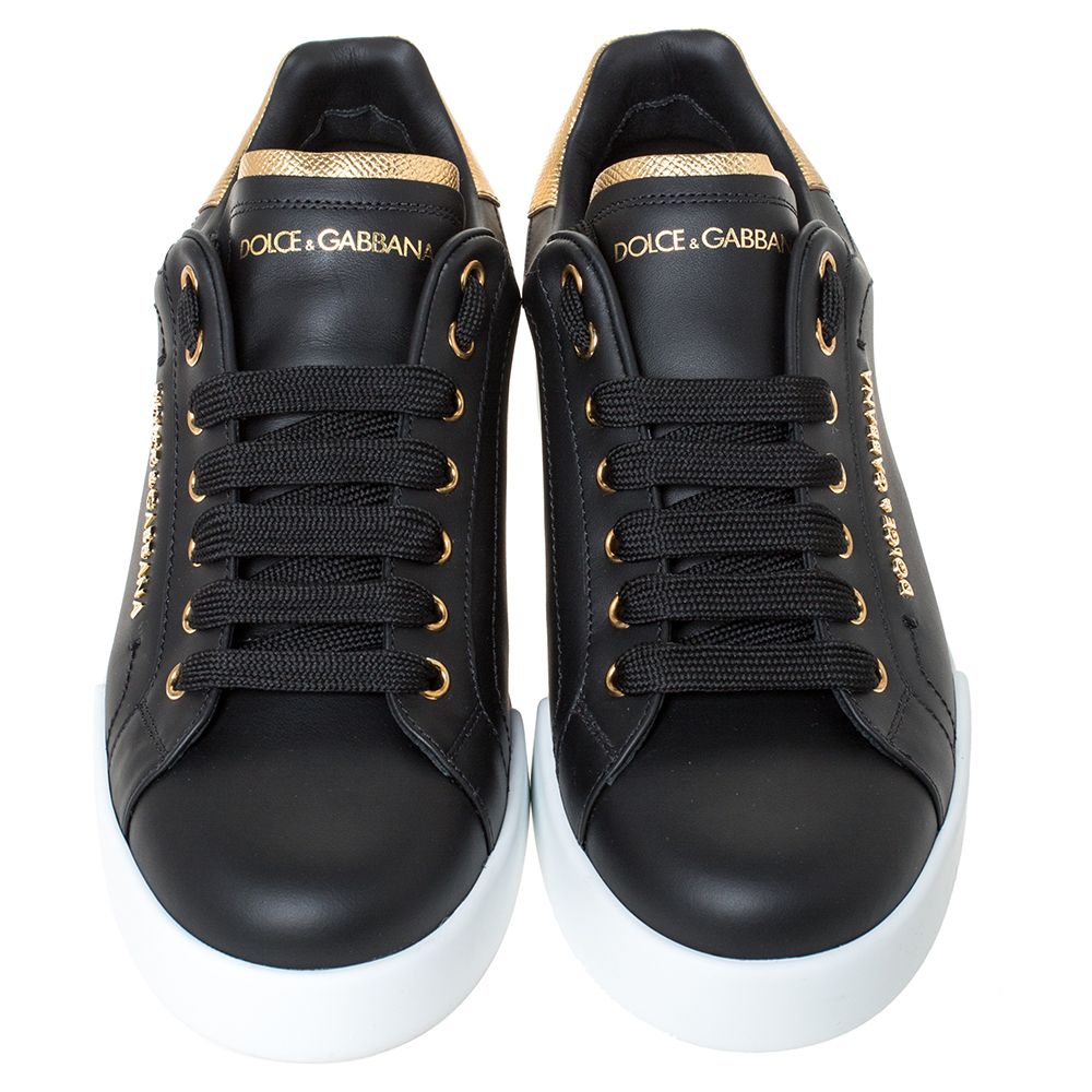 

Dolce & Gabbana Black/Gold Leather Lace Up Sneakers Size