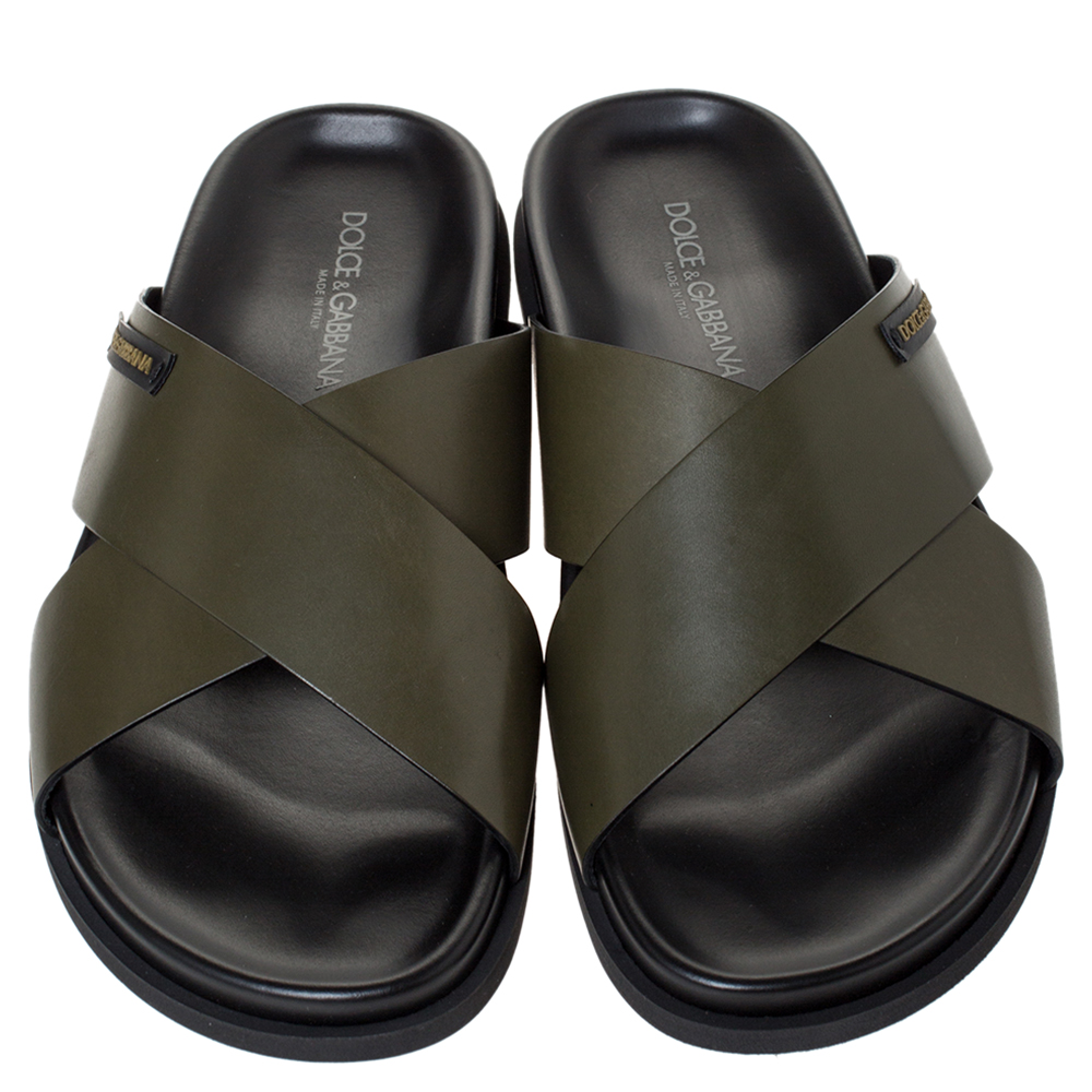

Dolce & Gabbana Green Leather Criss-Cross Slide Sandals Size